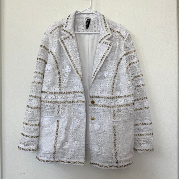 BEREK Eyelet Embroidered Blazer White Gold Grommets Lace Jacket XL Statement - Picture 1 of 13